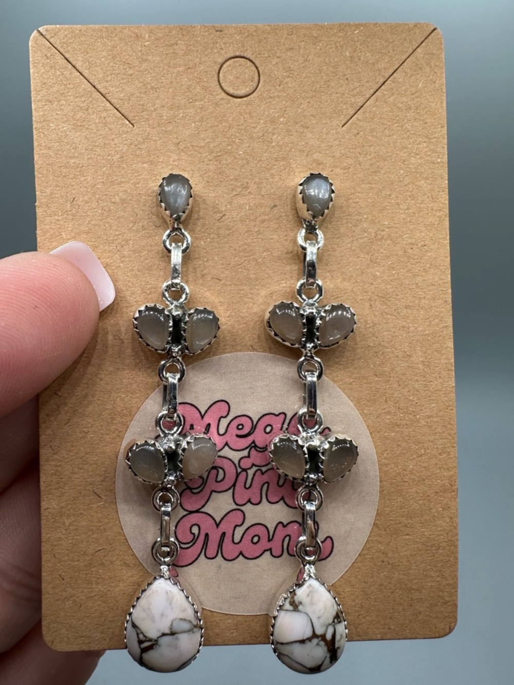 Chocolate Moonstone & Angel Dahlia Sterling Silver 925 Dangle Earrings Handmade